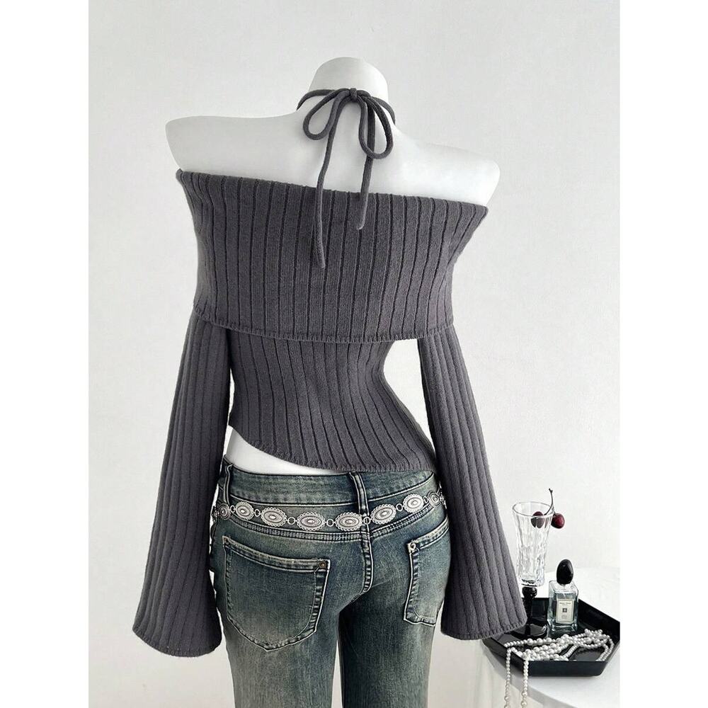 Women’s Dark Grey Ribbed Knit Halter Off-Shoulder Sweater Top w/ Bow Detail - XL - Picture 3 of 5